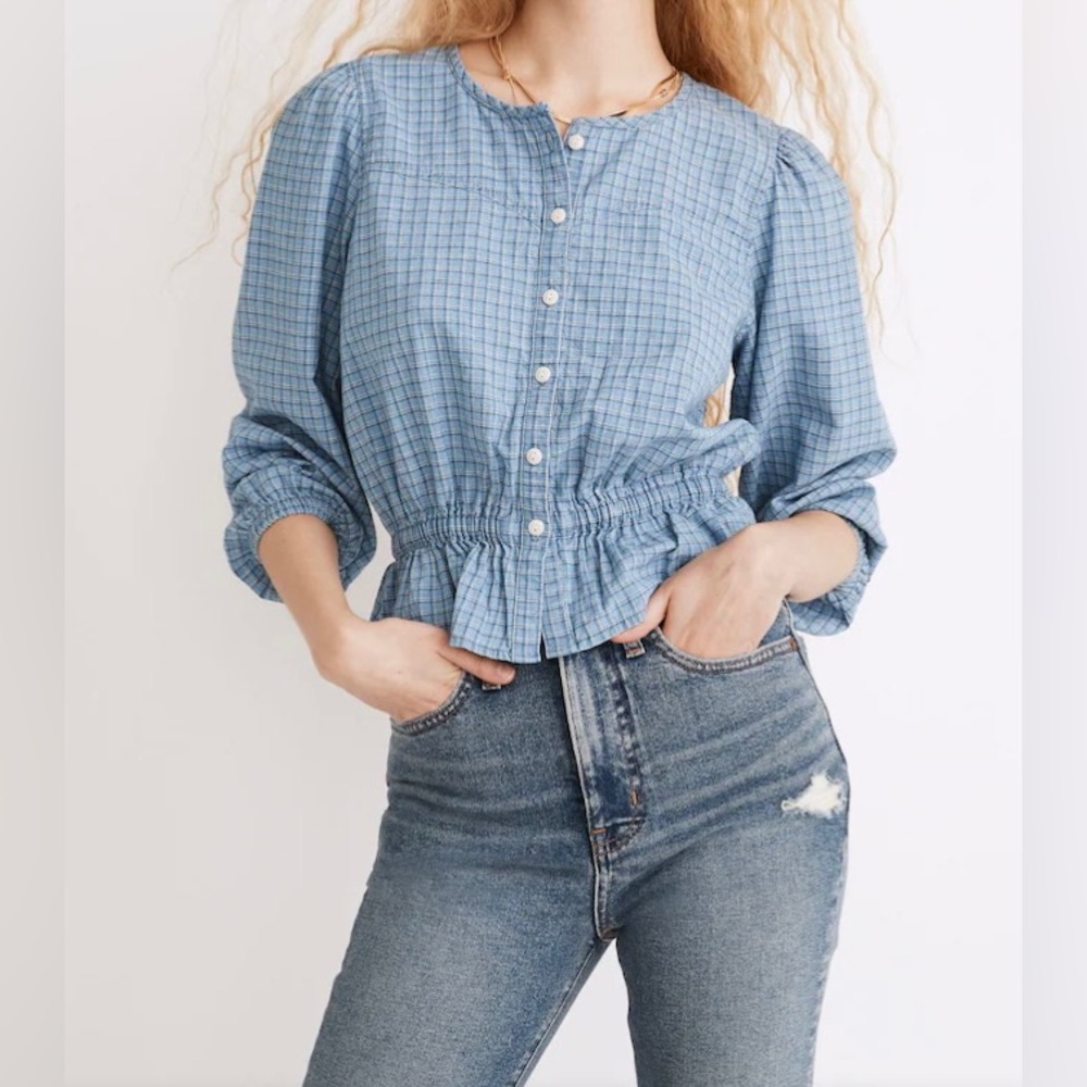 Madewell Chambray Puff-Sleeve Peplum Top in Windowpane